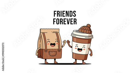Morning commute friends forever scene featuring a happy paper coffee cup and a smiling brown lunch bag character bumping fists on white.