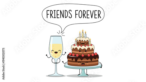 Celebration themed friends forever illustration with a happy champagne glass and a joyful three tier chocolate cake with lit candles on white.
