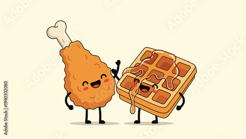 Delicious soul food duo of a happy fried chicken drumstick and a smiling waffle with syrup holding hands in a friendly gesture on cream background.
