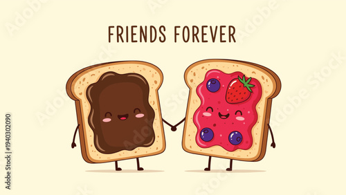Friends forever illustration featuring two cute slices of toasted bread with chocolate and strawberry jam toppings holding hands on cream background.