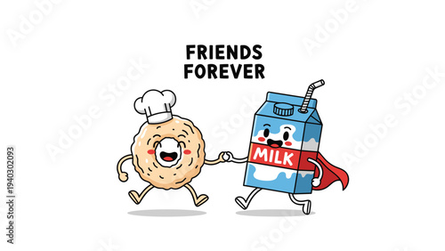 Classic combination of a happy cookie character with a chef hat and a brave milk carton character with a red cape holding hands on white.