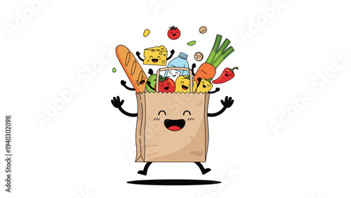 Cheerful brown paper grocery bag jumping with joy filled with various happy food characters like bread cheese tomato and carrot on white.