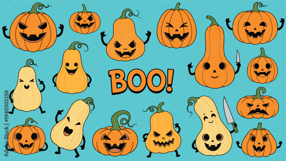 Fototapeta premium Large group of varied pumpkin and squash characters with different faces and expressions gather on a blue background for a fall theme.