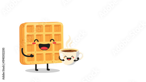 Large golden waffle character holds a small steaming cup of coffee in its hand in this cute breakfast themed cartoon vector illustration.