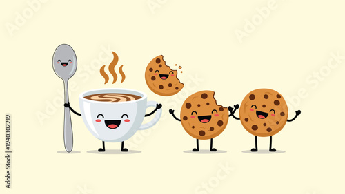 Steaming cup of coffee holds a silver spoon and stands with three happy chocolate chip cookie characters in this sweet vector illustration.