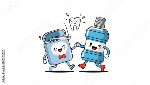 Cute dental floss and mouthwash characters hold hands and celebrate with a bright white tooth in this dental health themed illustration.