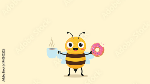 Friendly bee character holds a blue cup of coffee and a pink frosted donut in this whimsical and cute morning routine vector illustration.