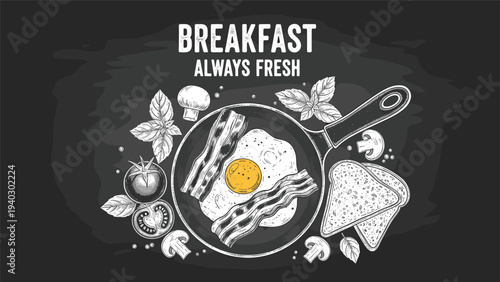 Chalkboard style illustration features a pan of fried eggs and bacon surrounded by mushrooms, tomatoes, and toast with breakfast text.