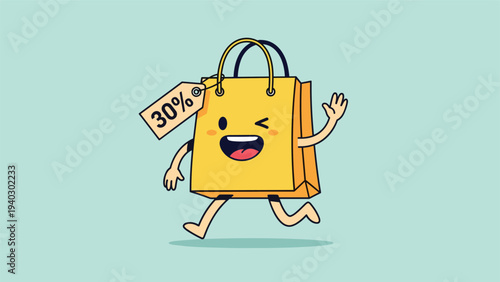 Cheerful yellow shopping bag character with a thirty percent discount tag runs quickly on a light blue background in this sales design.