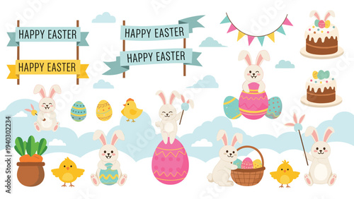 Large collection of cute Easter characters including bunnies, chicks, decorated eggs, and cakes with festive banners in a vector set.