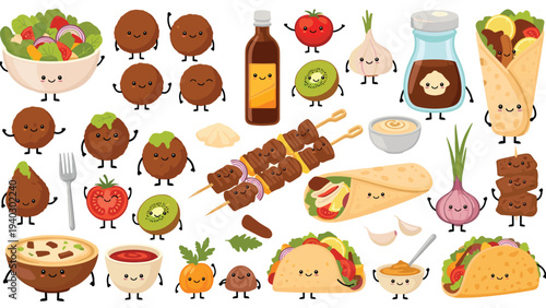 Comprehensive collection of cute Middle Eastern food characters including falafel, kebab, hummus, and pita bread in a fun vector set.