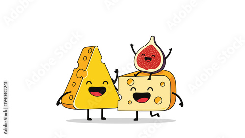 Two happy cheese wedge characters and a smiling fig fruit sitting on top stand together in this cute gourmet food themed vector design.