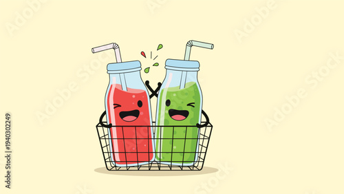 Red and green smoothie bottle characters with straws sit together in a wire shopping basket in this healthy drink themed vector art.