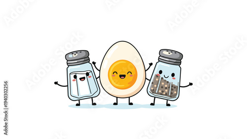 Smiling salt and pepper shakers hold hands with a happy boiled egg character in this cute kitchen and breakfast themed vector illustration.