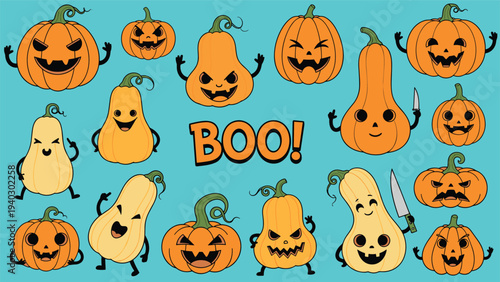 Large group of varied pumpkin and squash characters with different faces and expressions gather on a blue background for a fall theme.