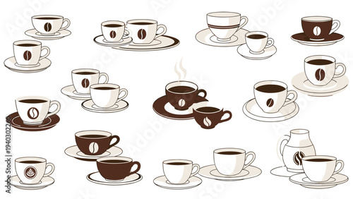 Various styles of coffee cups and saucers with bean icons are arranged in rows in this clean brown and white vector pattern illustration.