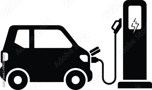 Electric vehicle charging at power station vector icon isolated on white background for eco friendly transport design.