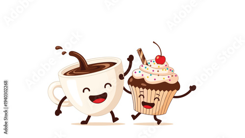 Happy cup of coffee and a chocolate cupcake decorated with sprinkles and a cherry dance together in celebration.