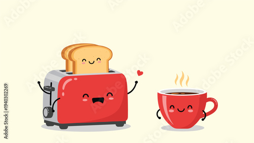 Red toaster with two slices of bread and a matching coffee cup share a loving moment with a small red heart.