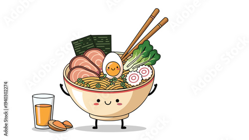 Smiling bowl of Japanese ramen filled with eggs meat noodles and vegetables stands next to a glass of fruit juice.