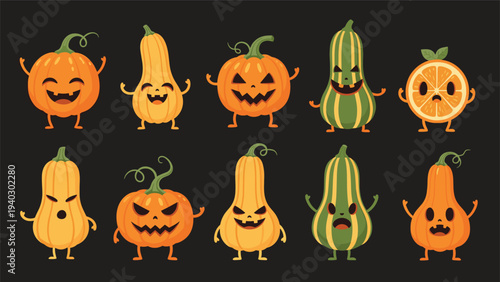 Colorful assortment of spooky and cute halloween pumpkins squashes and an orange slice with expressive faces on black.