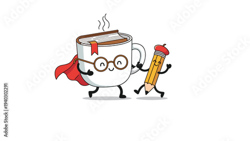 Courageous coffee mug wearing a red superhero cape and glasses walks alongside a happy yellow pencil character.
