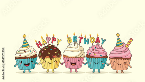Row of five colorful cupcakes with happy faces and birthday candle letters forming a cheerful celebration message.