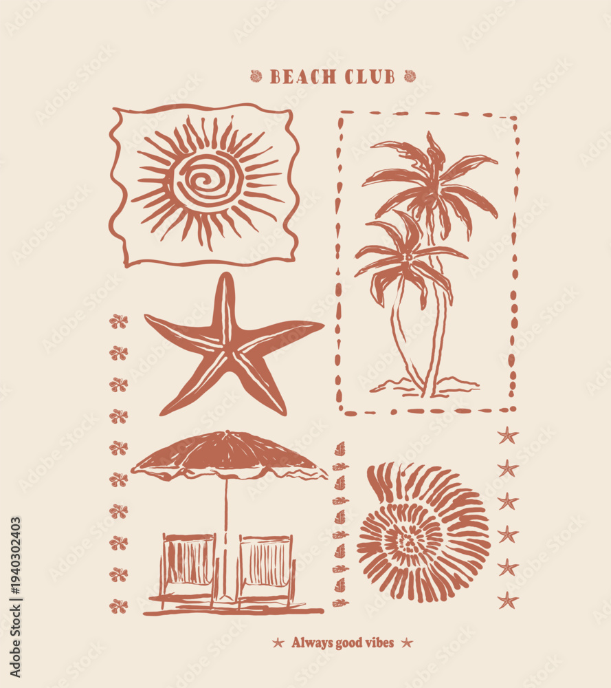 Fototapeta premium Hand sketch drawing summer beach graphic design. typography beach club slogan print. perfects for tee shirt sweatshirt design. kids boys girls use this print. 