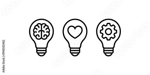 Black and white light bulb icons with brain heart and gear inside