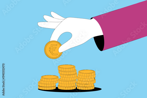 Hand putting gold coin on top of stack of coins on blue background
