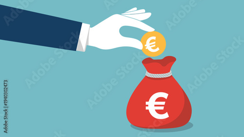 Hand putting euro coin into red euro symbol money bag on blue background