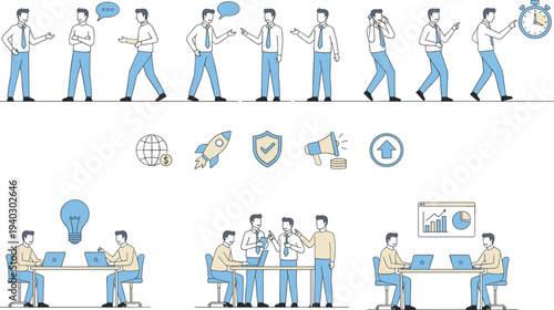 Business professionals working in office environment with startup icons for teamwork communication time management and corporate leadership concept,
