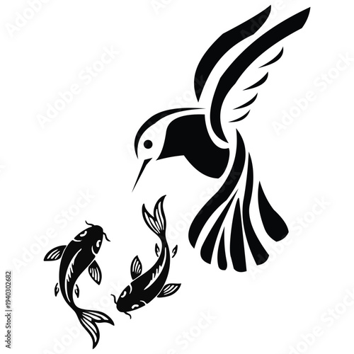 Hummingbird hovering above koi fish abstract design
