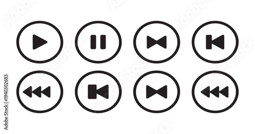 Set of rounded media player controls including play pause fast forward and rewind buttons for web or app interfaces