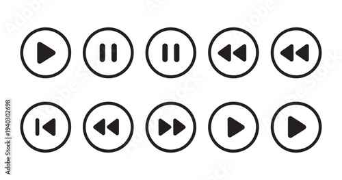 Collection of modern play pause rewind fast forward and stop icons in circles for digital media player interfaces