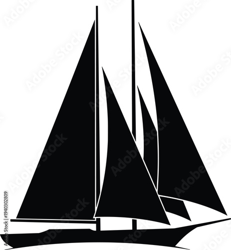 Sailing Ship Silhouette Illustration Vector Featuring Schooner with Multiple Masts, Triangular Sails, Maritime Symbol, and Marketplace Success for Creative Projects