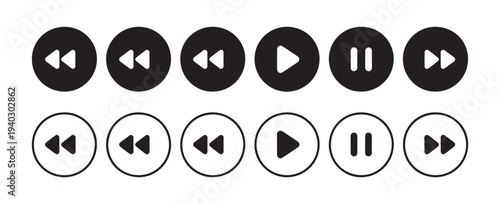Set of circular media control buttons for video and audio playback featuring rewind play and pause symbols