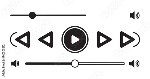 Media player user interface elements, volume control, progress bar, play and skip buttons for application
