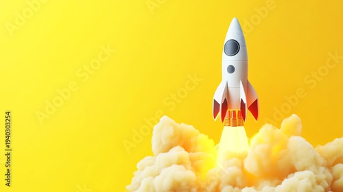A white rocket ship blasts off into a bright yellow sky with clouds of smoke and flames