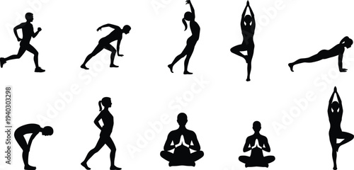 Yoga and fitness silhouette poses collection including running stretching balance meditation workout training healthy lifestyle exercise vector illustration isolated set