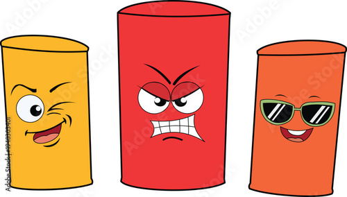 Funny cartoon character cylinders with different facial expressions for kids education and emoji