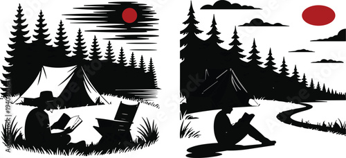 Camping nature landscape silhouettes vector illustration, outdoor adventure tent forest reading relaxing traveler concept