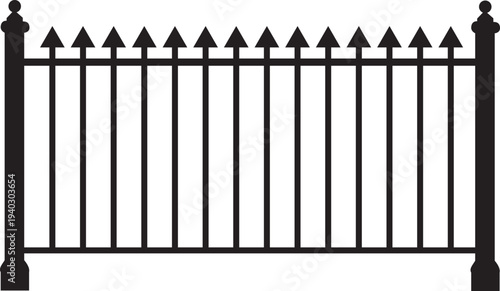 Black wrought iron fence with decorative spikes and finials isolated on white