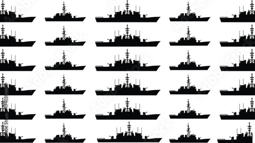Black silhouette set of modern naval warships, military destroyers, navy frigates, and maritime battle vessels isolated on white background for tactical defense design projects