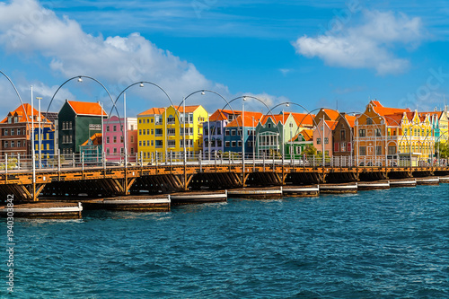 A view across the Queen Emma Bridge towards Handelskade in the Punda District in Willemstad, Curacao on a bright morning