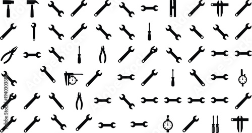 WebComprehensive Collection of Black Tool Silhouettes Including Wrenches Hammers Pliers and Precision Measuring Instruments for Industrial Repair Maintenance 