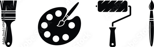 Professional black vector silhouette set of painting tools featuring a flat brush artist palette with paintbrush paint roller and fine detail brush for art