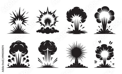 Collection of explosion icons vector illustration, various burst and boom shapes with smoke effect