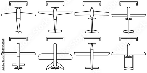 Military drone UAV Icon Models Line Art silhouette set. Custom model ideal for presentation, social media and learning method.