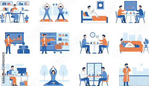 Flat vector illustration set of a man engaging in daily activities including remote work, exercise, shopping, and relaxation at home.